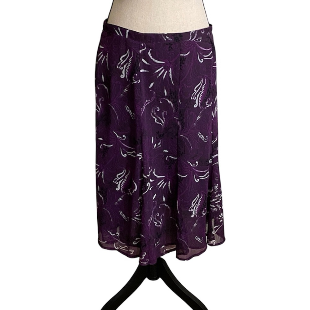 Sag Harbor Petite Abstract Midi Skirt Sz 10P Purple Chiffon Sheer Overlay Lined